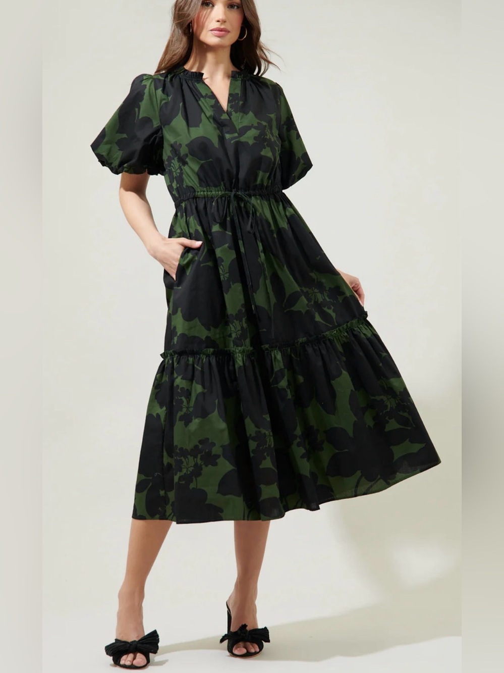 Sugarlips Black & Green Floral Tie-Waist Midi Dress